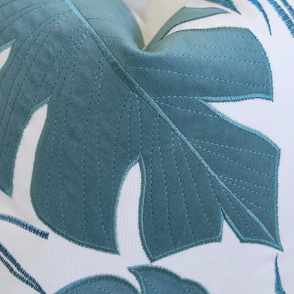 Autumn Vibes Leaf Accent Pillow teal quilted leaf pattern on white fabric on Tampa Home & Garden Store