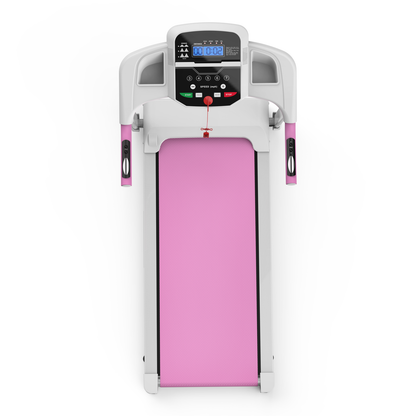 Foldable treadmill HouseOfZazla with pink running belt and white frame, 2.5HP motor on Tampa Home & Garden Store