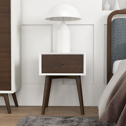 Modern design night stand by HouseOfZazla, white frame with dark wood drawer, mid-century legs on Tampa Home & Garden Store