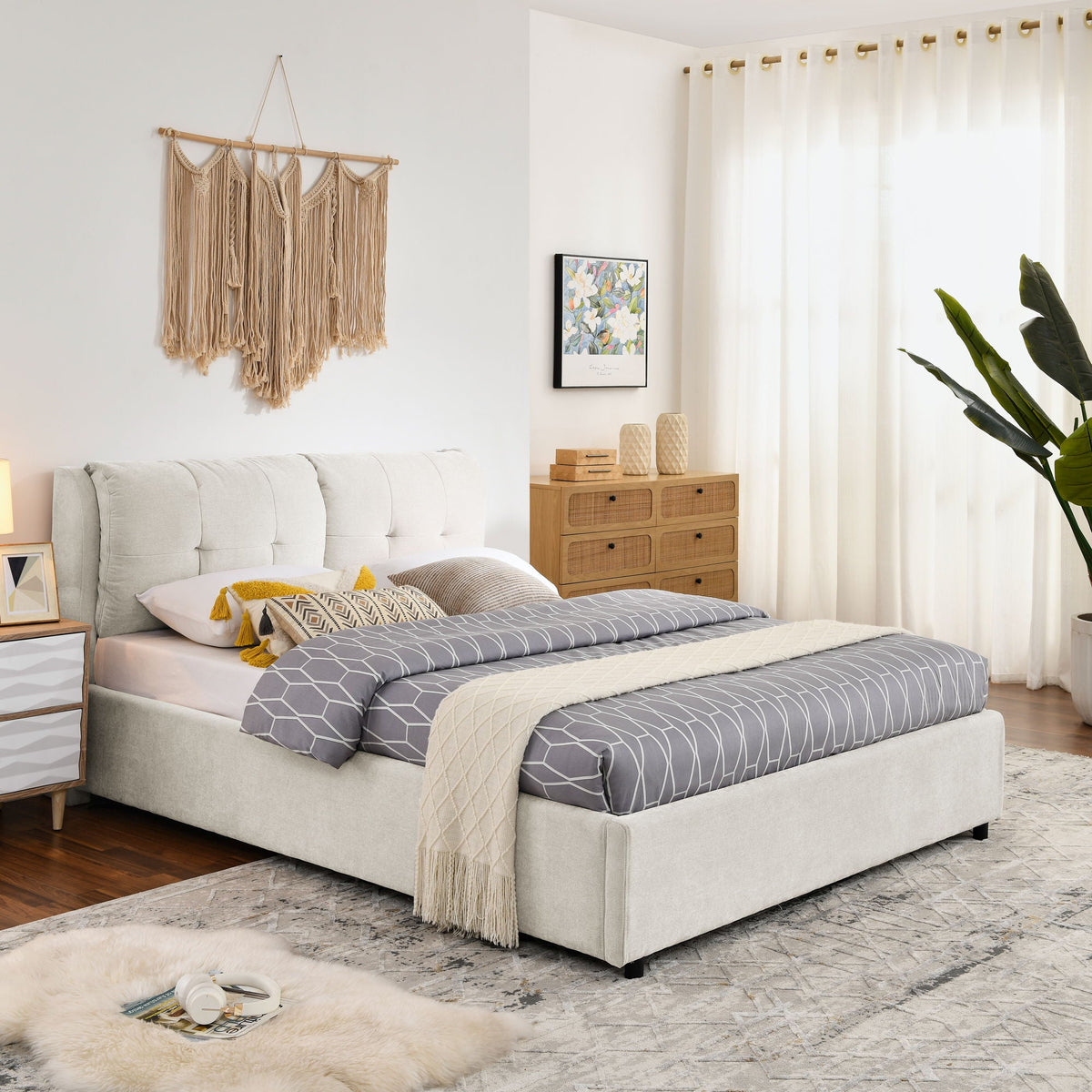 Beige storage upholstered hydraulic platform bed with integrated headboard by HouseOfZazla on Tampa Home & Garden Store