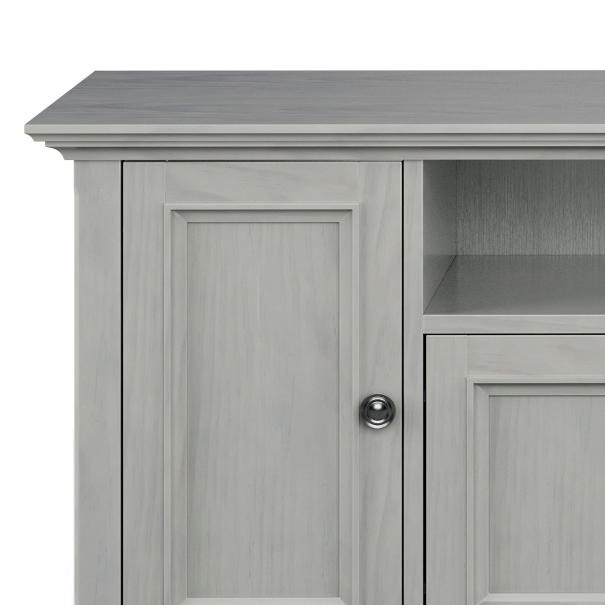 Wide TV Stand in solid light gray wood with raised-panel doors and open shelf on Tampa Home & Garden Store