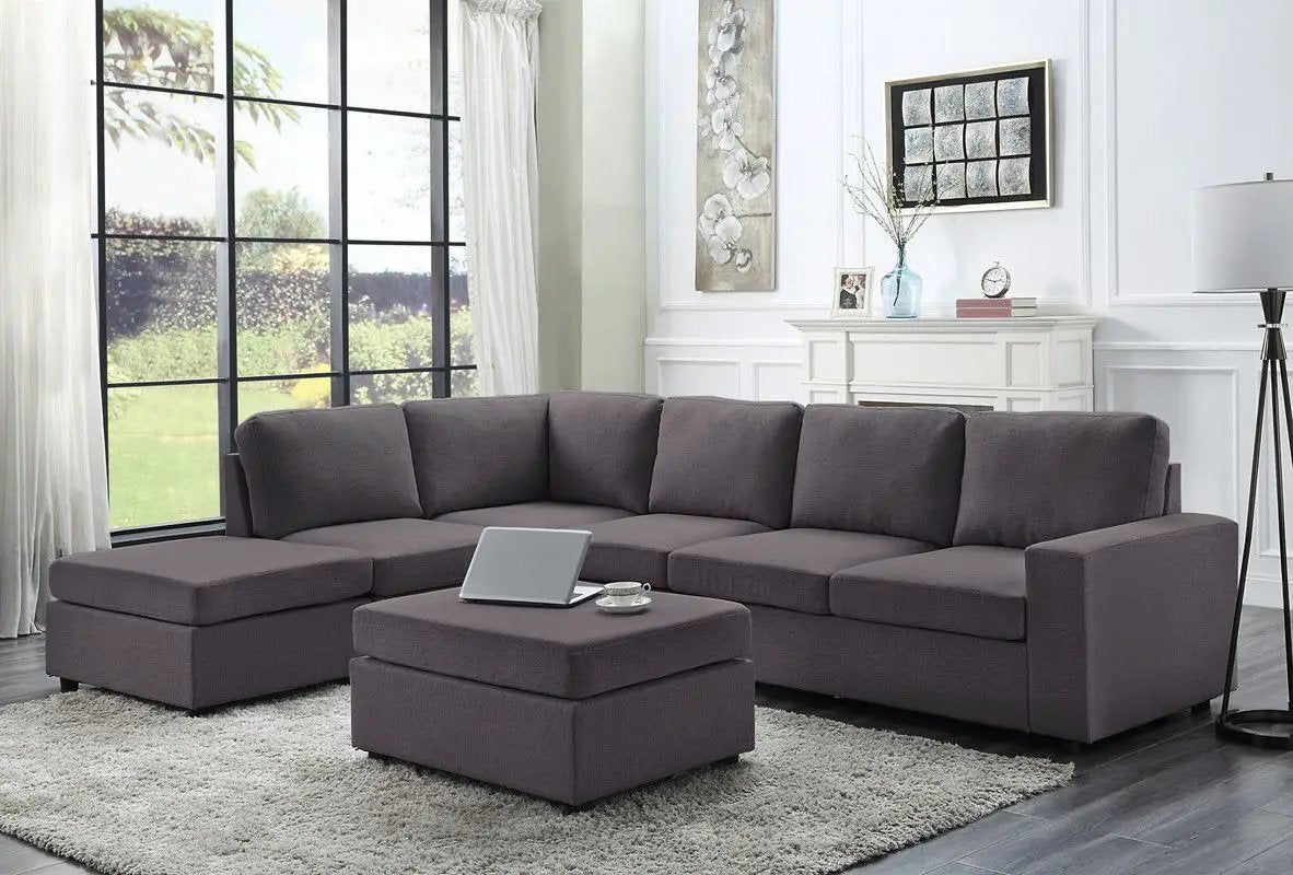 Cassia 2-piece reversible modular sectional sofa with ottoman in charcoal gray fabric on Tampa Home & Garden Store
