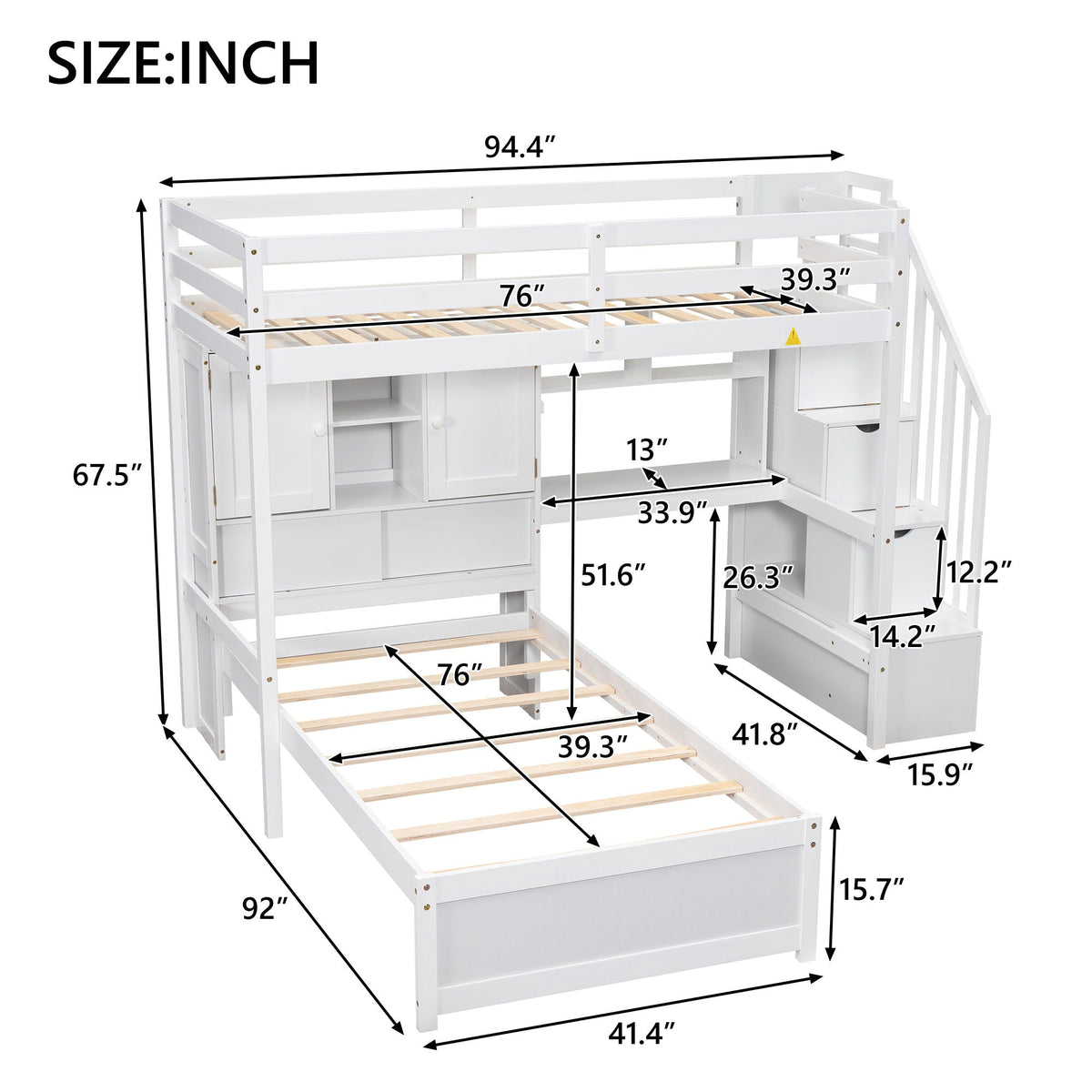 Loft bed with built-in desk and staircase, white wood frame by HouseOfZazla on Tampa Home & Garden Store