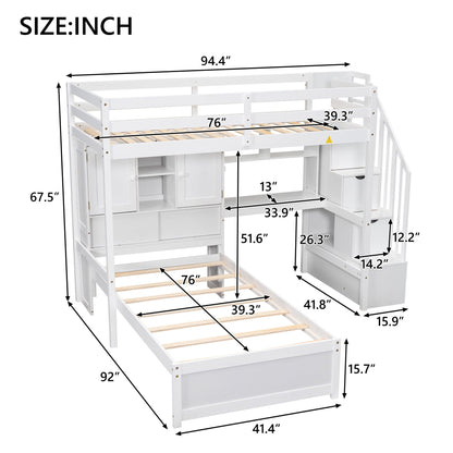 Loft bed with built-in desk and staircase, white wood frame by HouseOfZazla on Tampa Home & Garden Store