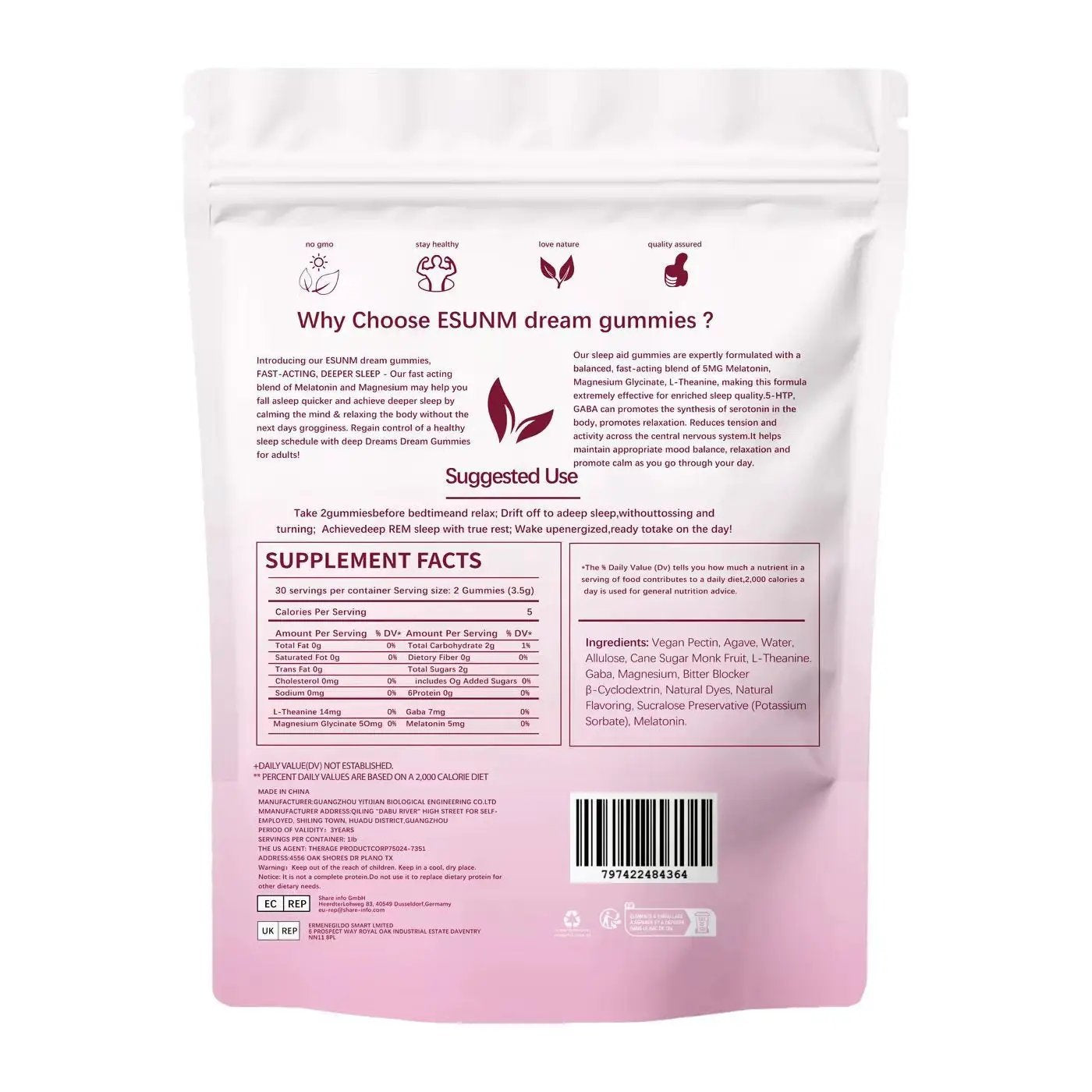 Melatonin Soft Candy 5g pouch by FLIPSTYLEZLLC, pink packaging with back label and barcode on Tampa Home & Garden Store