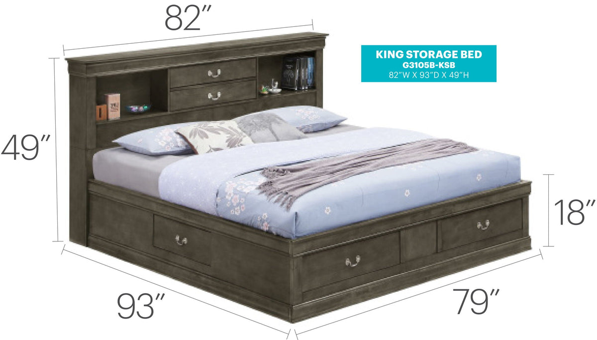 Traditional Style Bookcase Storage Bed in dark wood with headboard shelves and drawers king on Tampa Home & Garden Store
