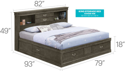Traditional Style Bookcase Storage Bed in dark wood with headboard shelves and drawers king on Tampa Home & Garden Store
