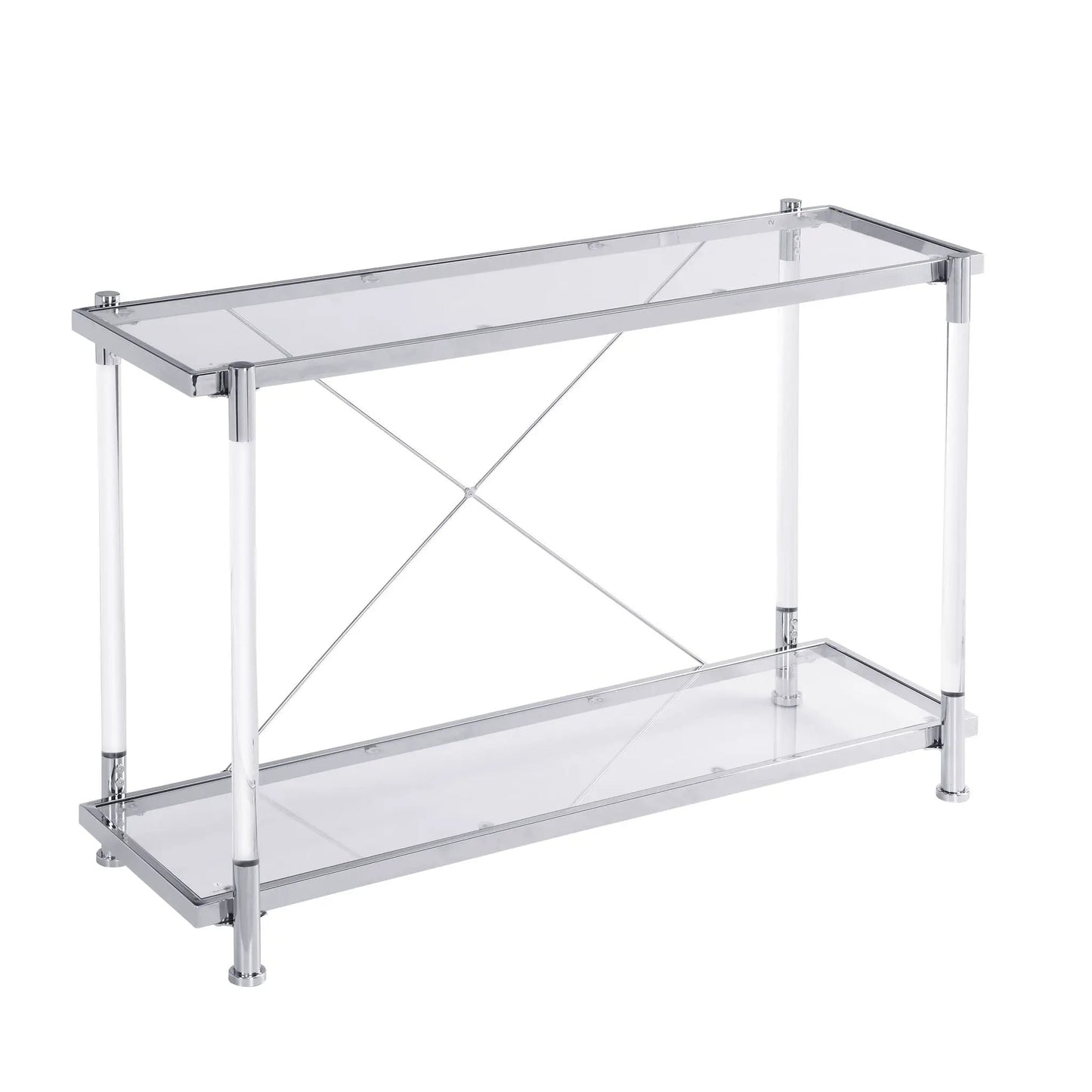 Chrome glass sofa table with clear top and lower shelf, chrome frame and cross-brace supports on Tampa Home & Garden Store