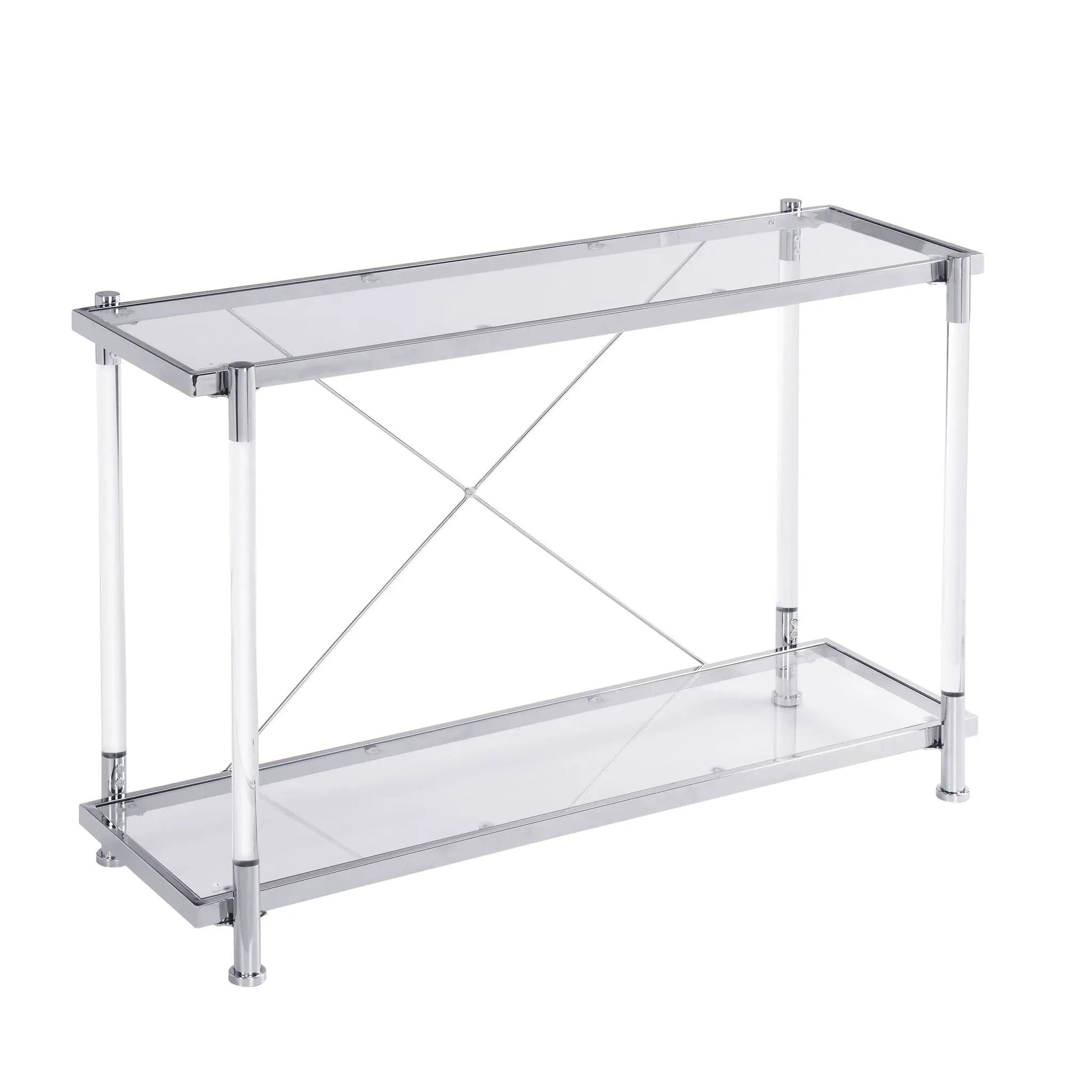Chrome glass sofa table with clear top and lower shelf, chrome frame and cross-brace supports on Tampa Home & Garden Store