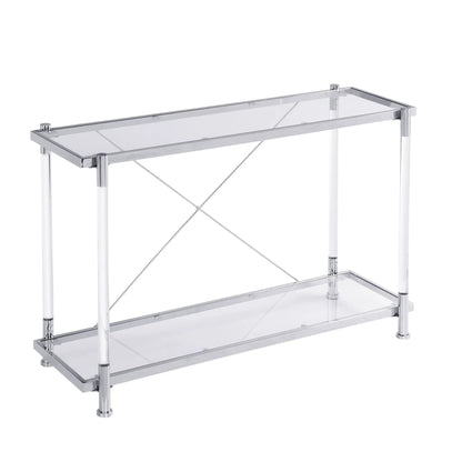 Chrome glass sofa table with clear top and lower shelf, chrome frame and cross-brace supports on Tampa Home & Garden Store