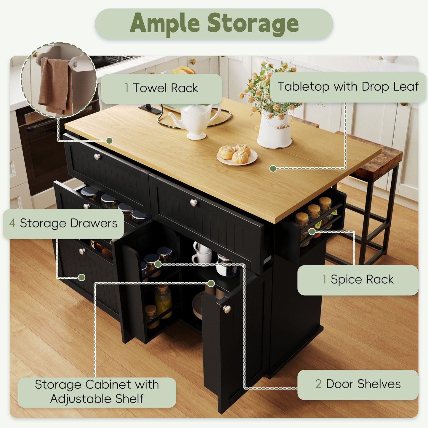 Farmhouse Kitchen Island With Drop Leaf and Seats