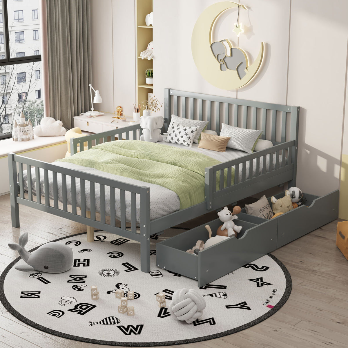 Gray platform bed with guardrails on both sides and 2 underbed storage drawers by HouseOfZazla on Tampa Home & Garden Store
