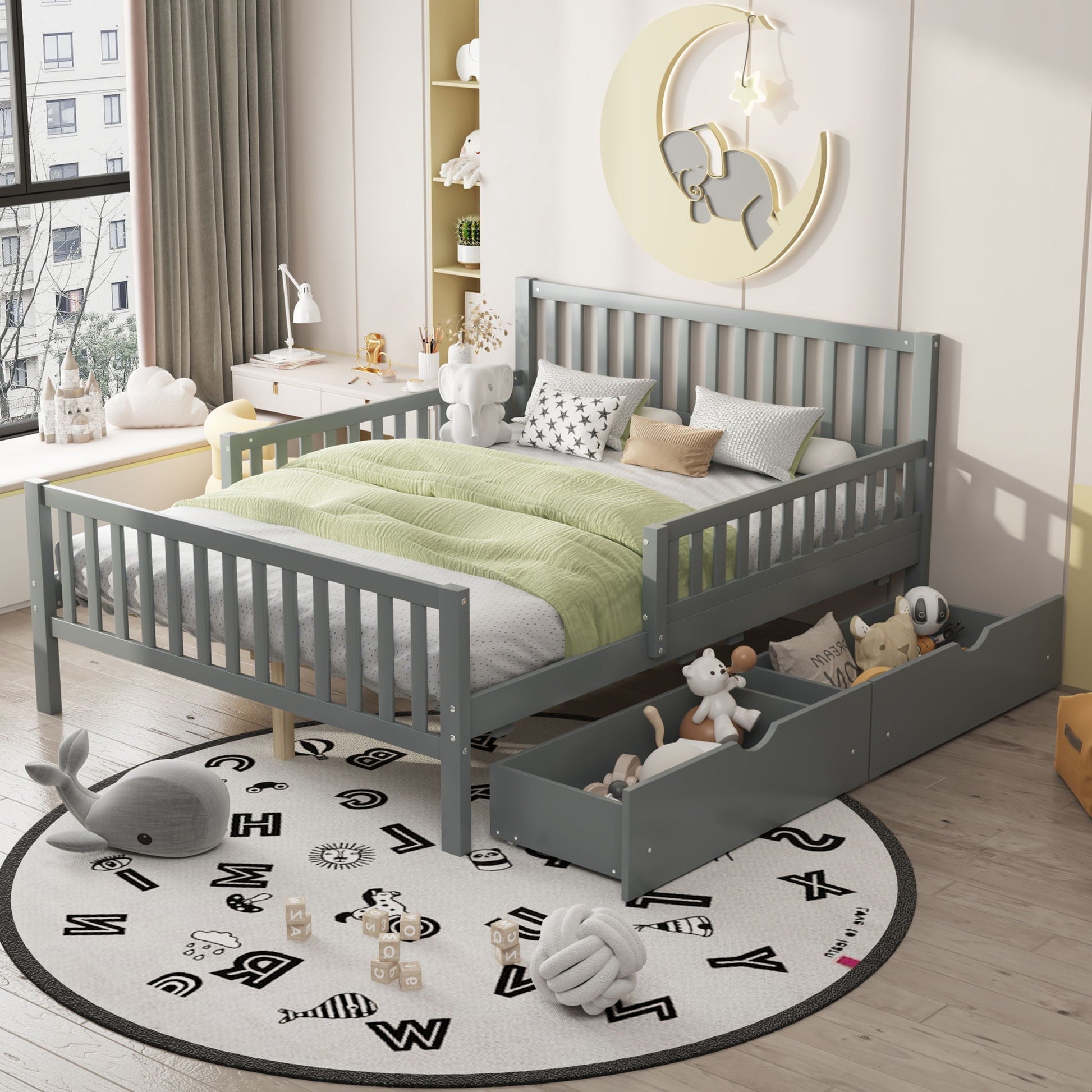Gray platform bed with guardrails on both sides and 2 underbed storage drawers by HouseOfZazla on Tampa Home & Garden Store