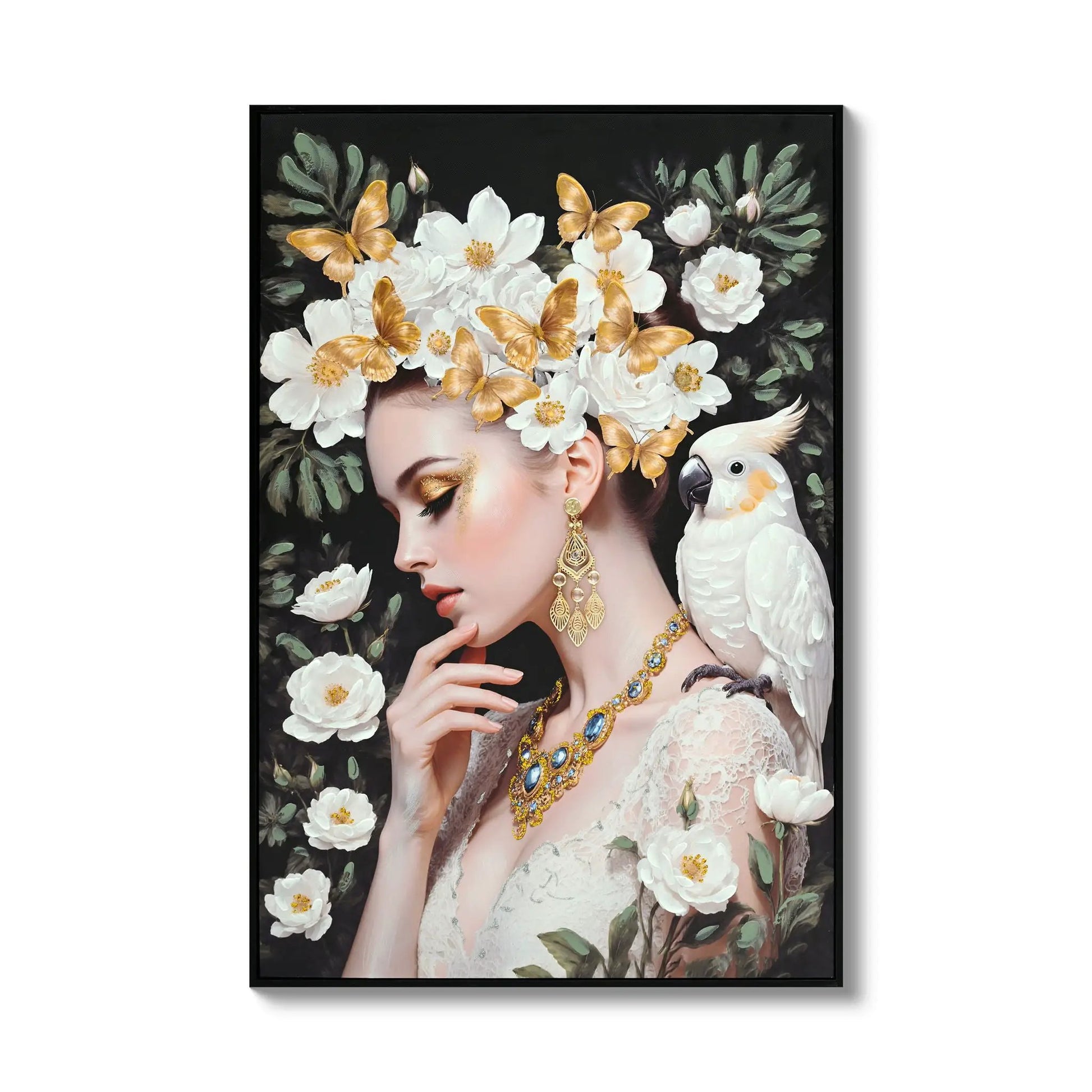 Canvas Art beauty portrait with ivory flowers and gold butterflies by Unique Piece Furniture on Tampa Home & Garden Store