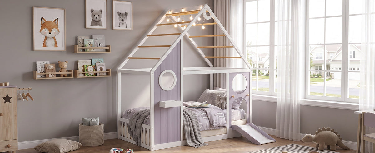 Twin House Bed with Slide and Light Strip by HouseOfZazla in lavender and white on Tampa Home & Garden Store