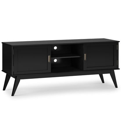 Handcrafted Mid Century TV Stand and Storage in black with two doors, open shelf, angled legs on Tampa Home & Garden Store