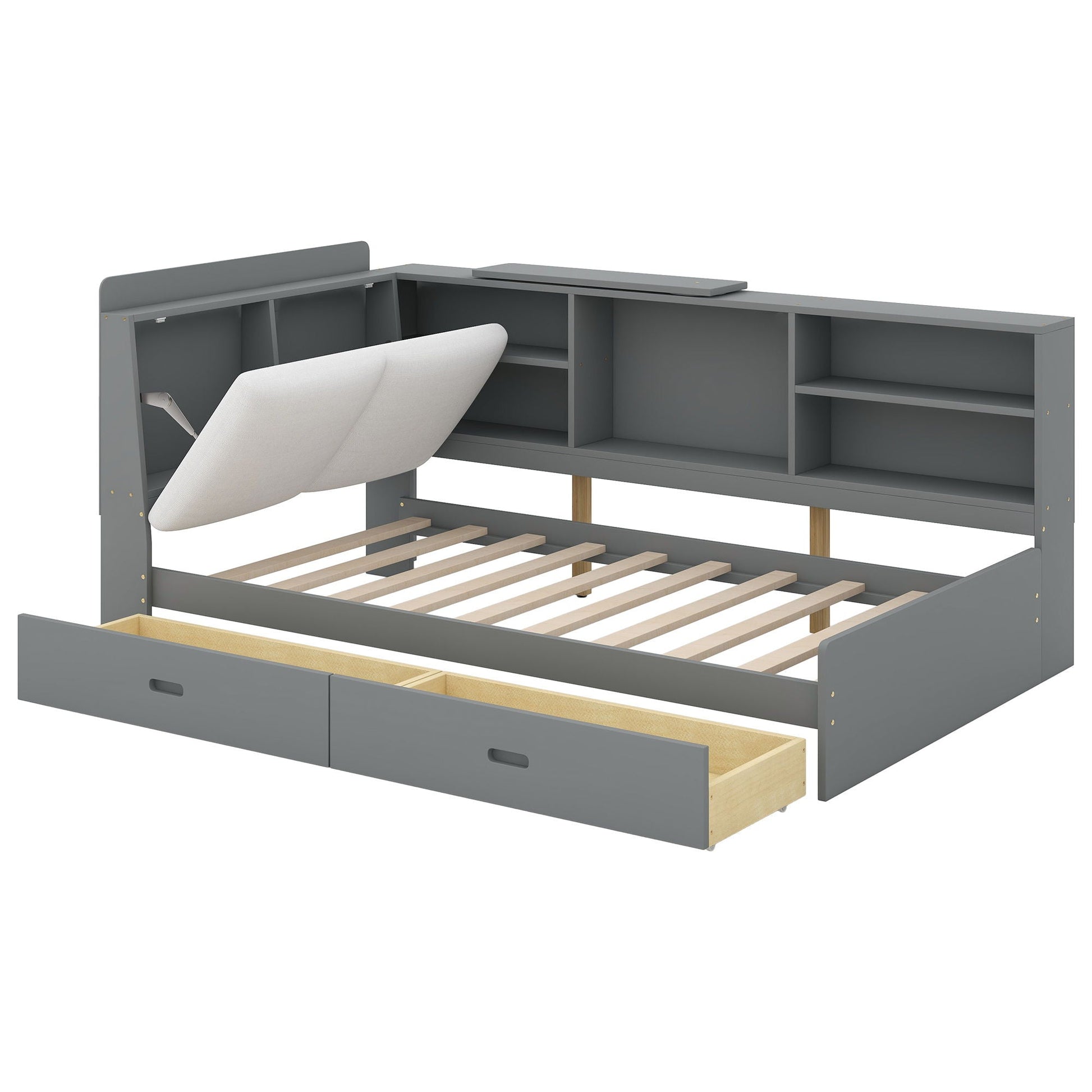 Gray platform bed with storage headboard featuring shelves and two drawers on Tampa Home & Garden Store