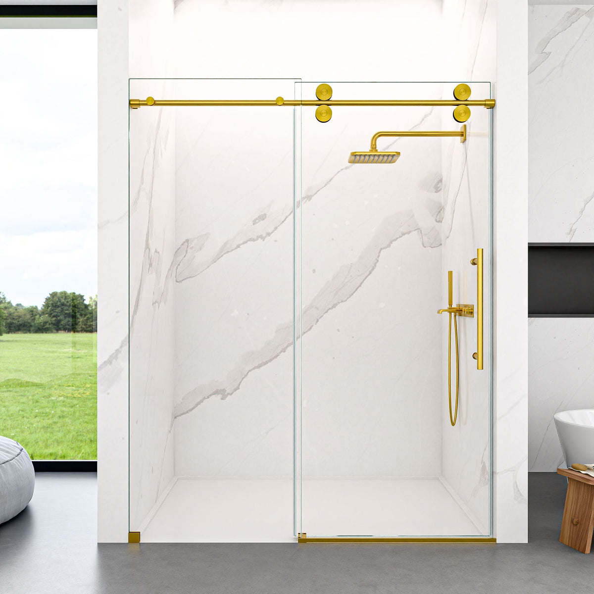 Clear tempered frameless sliding shower door with two glass panels and gold hardware by HouseOfZazla on Tampa Home & Garden Store