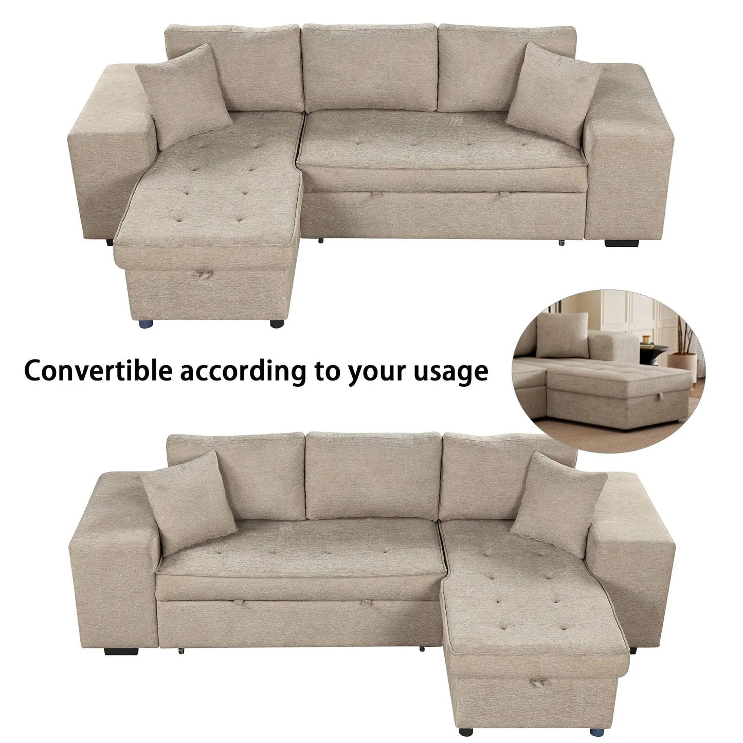 Beige fabric modern L-shaped sleeper sectional sofa with reversible chaise and tufted cushions on Tampa Home & Garden Store