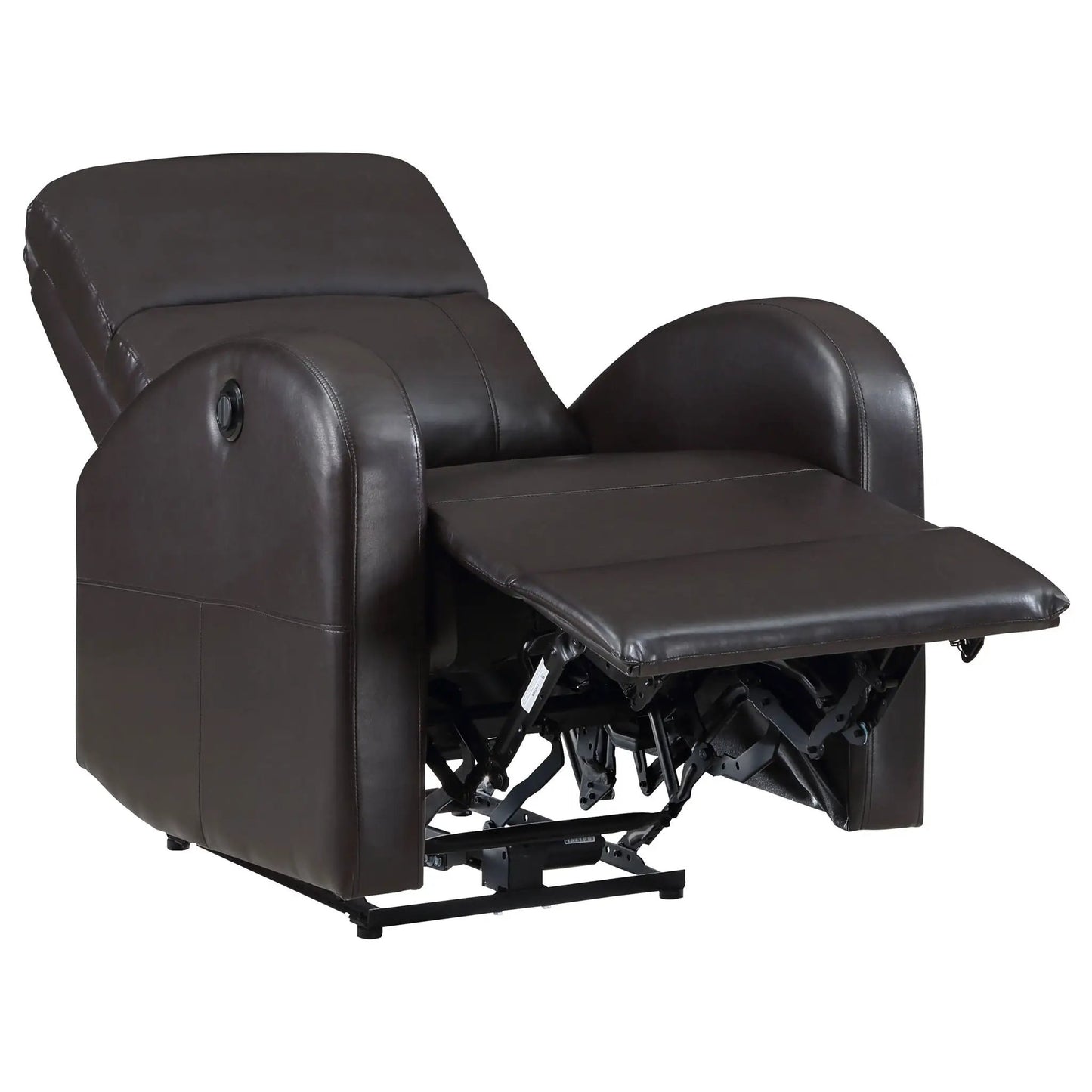 Meglia Power Recliner Chair in dark brown leather with exposed reclining mechanism on Tampa Home & Garden Store