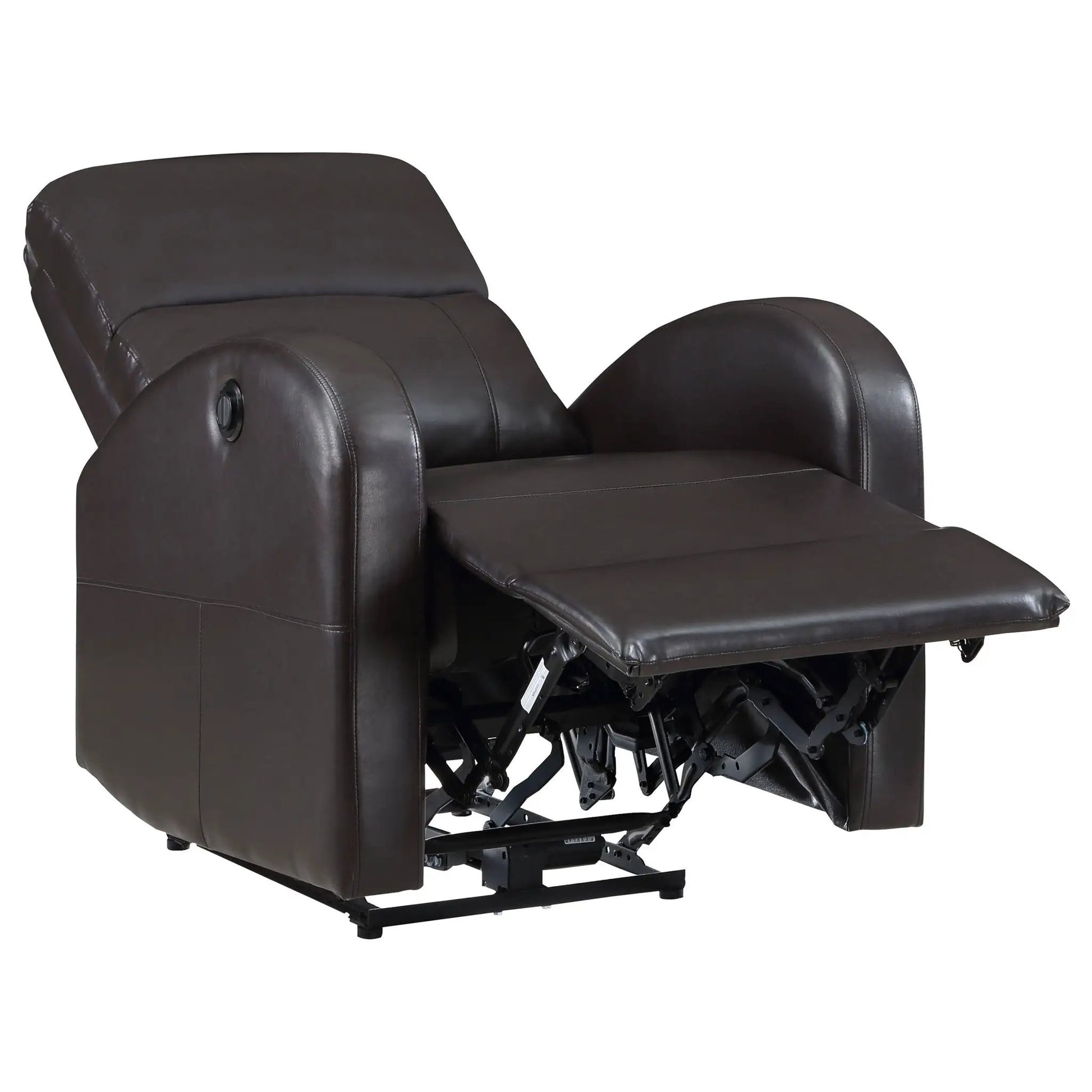 Meglia Power Recliner Chair in dark brown leather with exposed reclining mechanism on Tampa Home & Garden Store