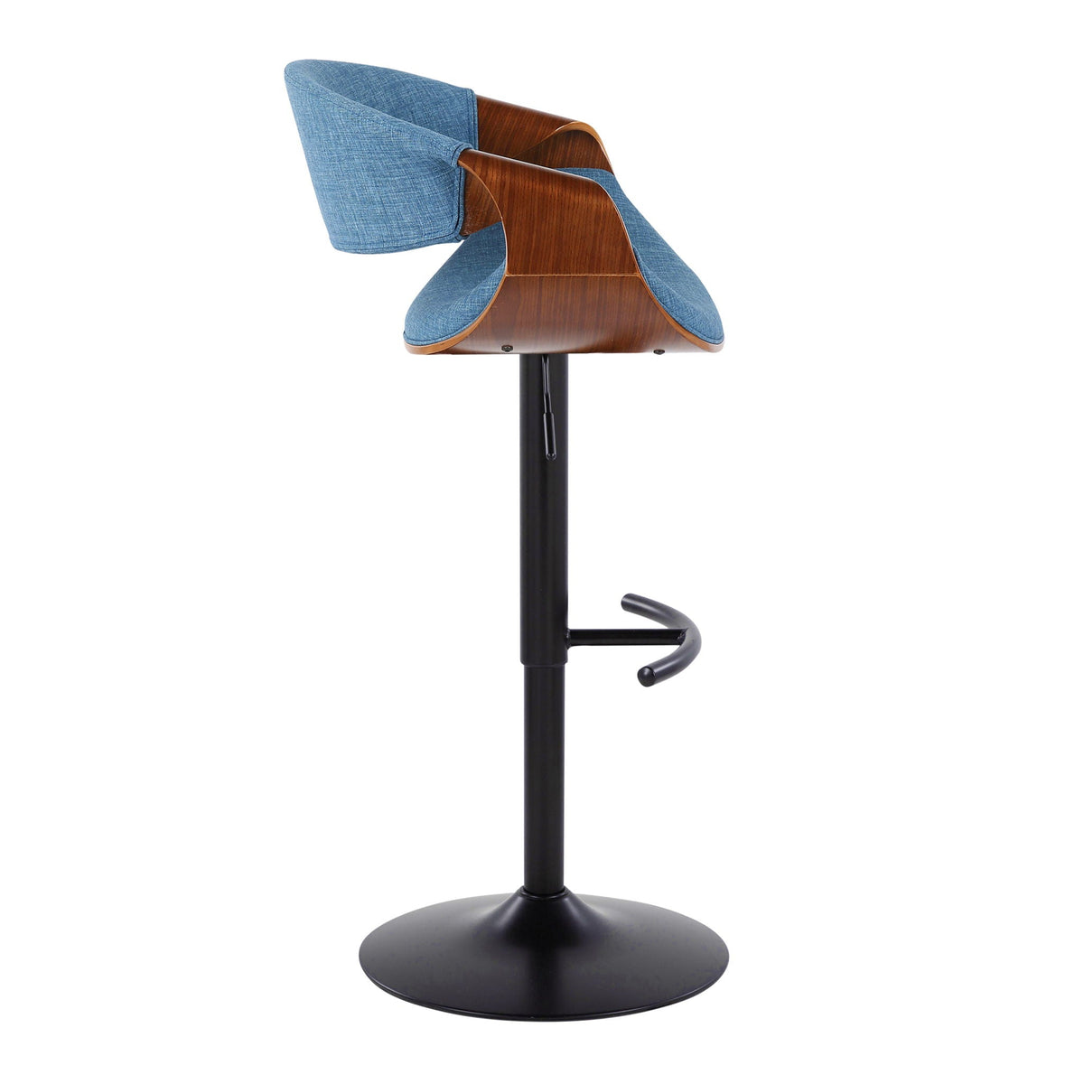 Mid Century Modern adjustable barstool with swivel blue fabric seat and wood shell on Tampa Home & Garden Store