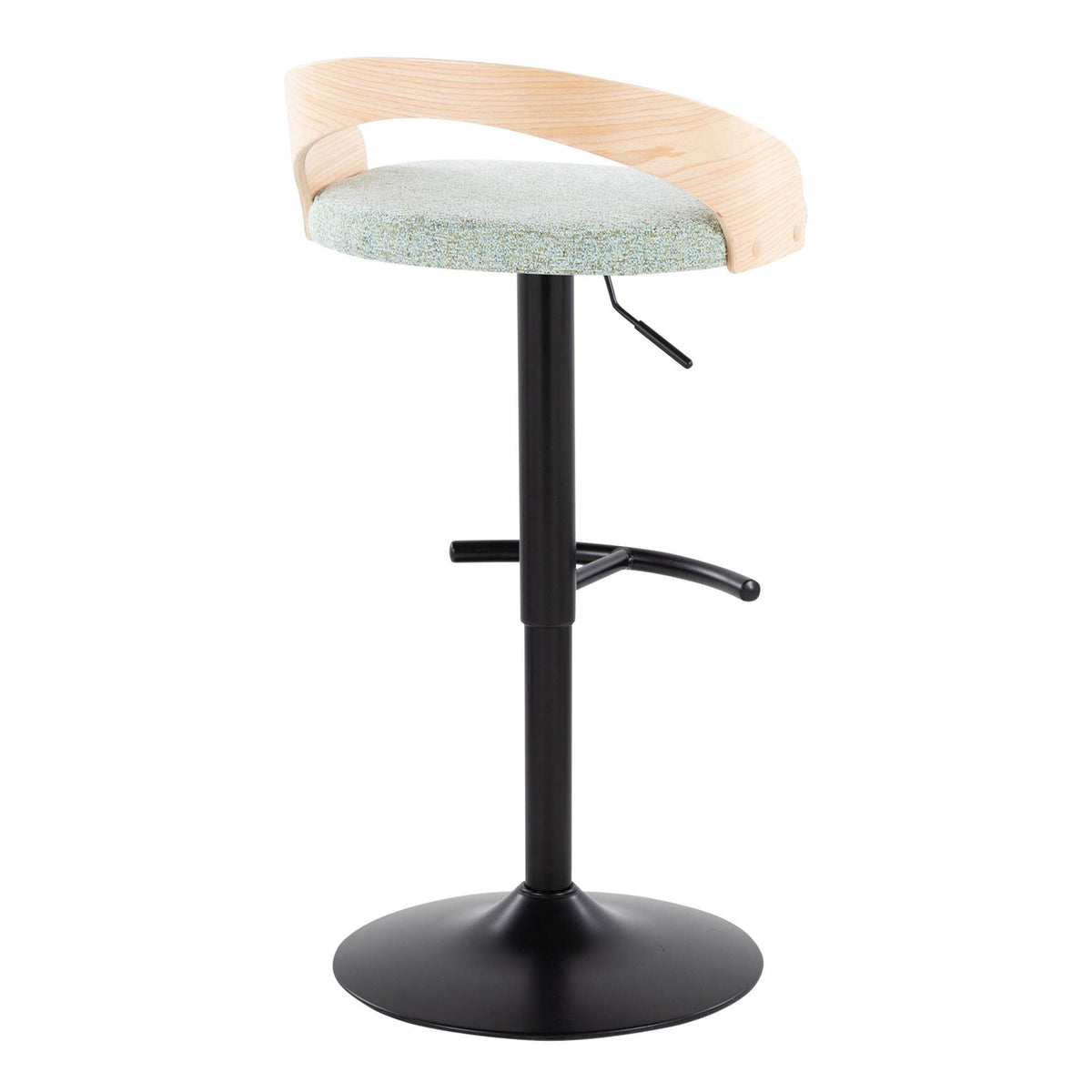 Adjustable swivel barstool with curved wooden back and gray cushion on black pedestal on Tampa Home & Garden Store