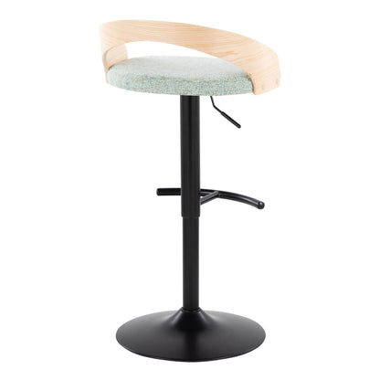 Adjustable swivel barstool with curved wooden back and gray cushion on black pedestal on Tampa Home & Garden Store