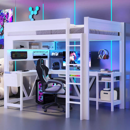 Gaming Loft Bed with Desk and LED Lighting