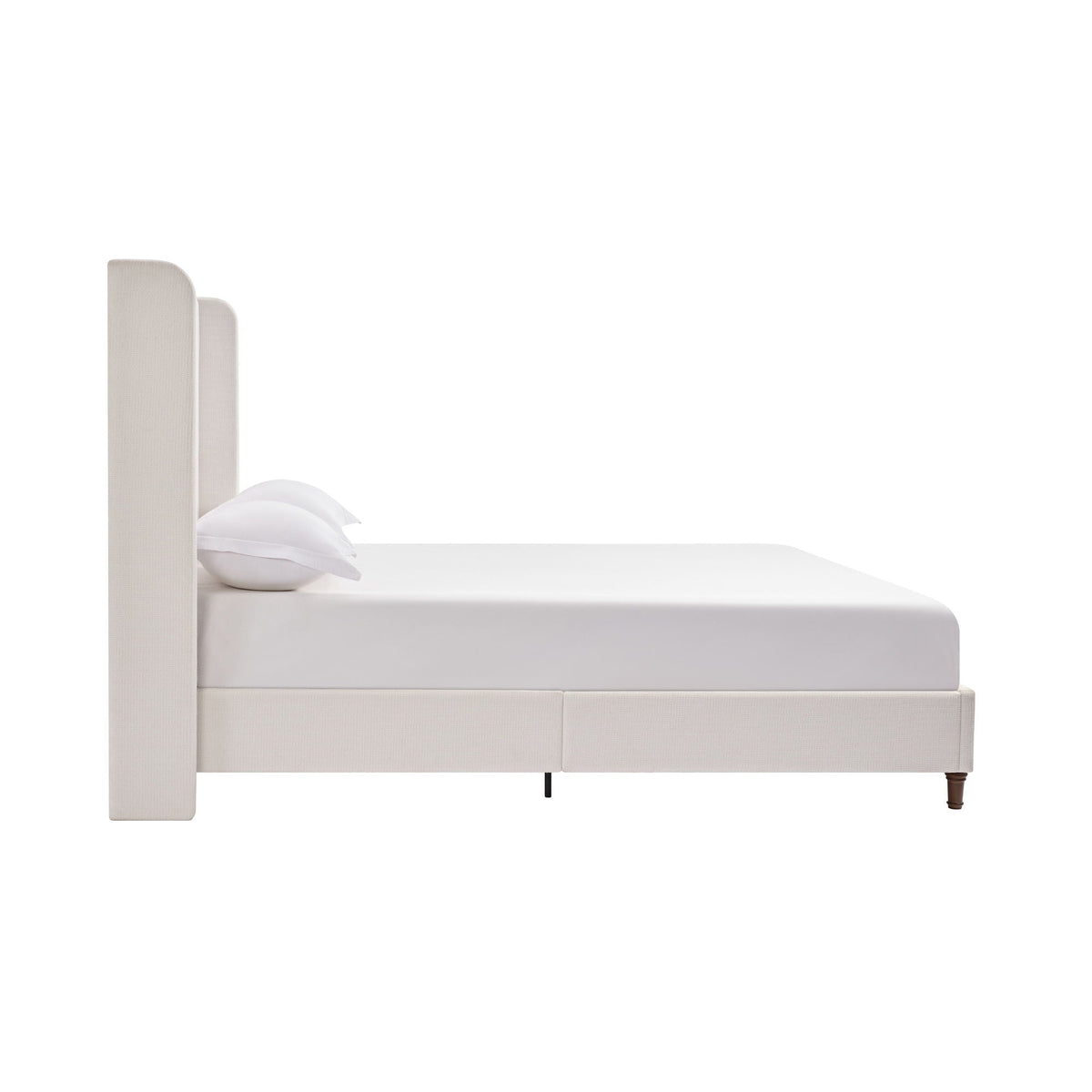 Harper tall upholstered bed in beige fabric with high curved headboard and platform base on Tampa Home & Garden Store