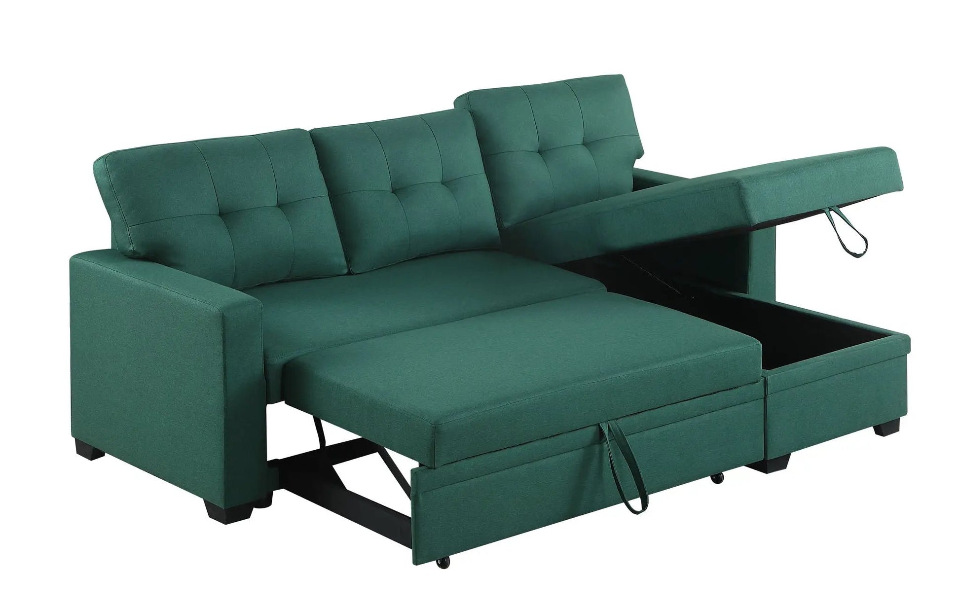 Upholstered pull-out sleeper sectional with chaise in green fabric, tufted cushions on Tampa Home & Garden Store