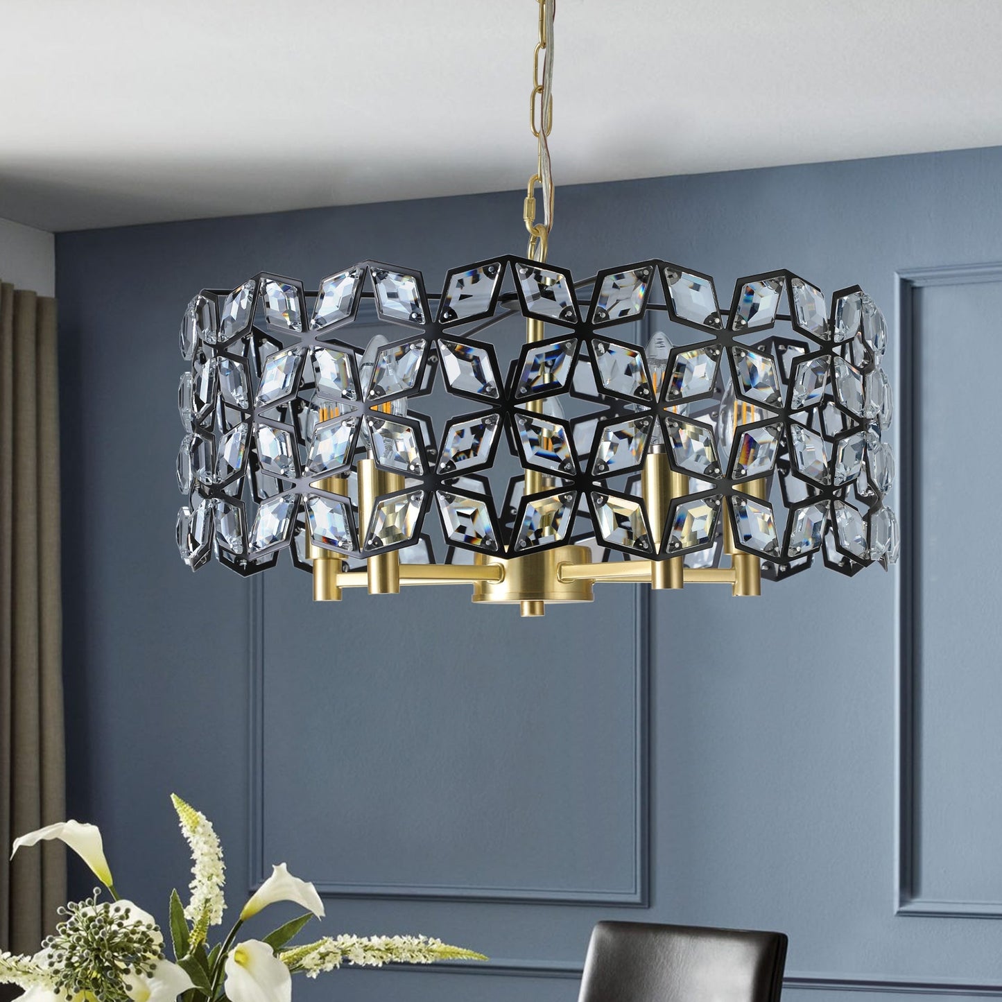 Chandelier 19-inch Geometric Crystal Pendant with black-gold frame and crystal cubes on Tampa Home & Garden Store