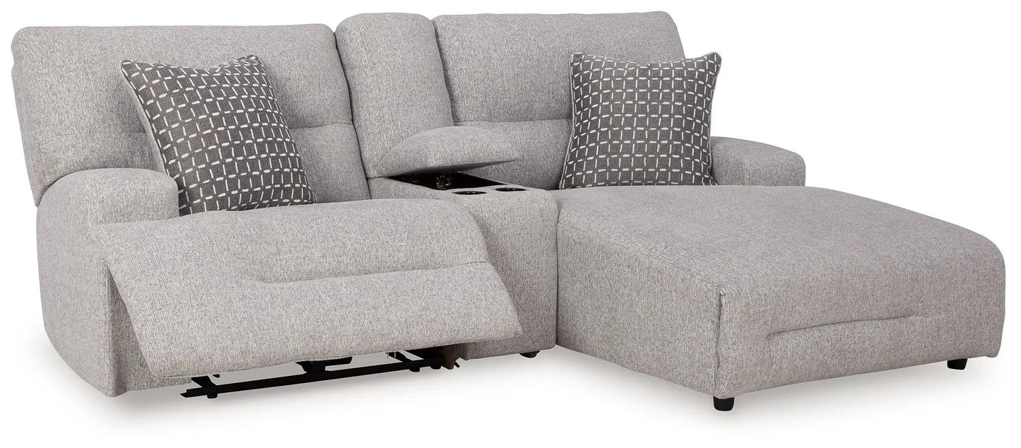 Acklen Place reclining sectional in light gray fabric with center console and two pillows on Tampa Home & Garden Store