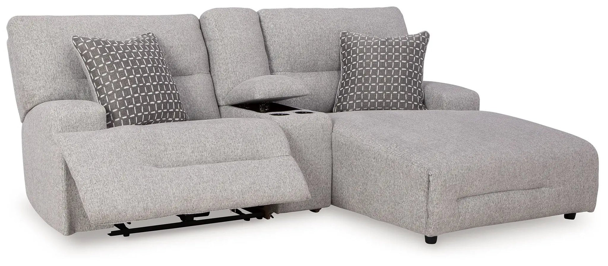 Acklen Place reclining sectional in light gray fabric with center console and two pillows on Tampa Home & Garden Store