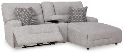 Acklen Place reclining sectional in light gray fabric with center console and two pillows on Tampa Home & Garden Store
