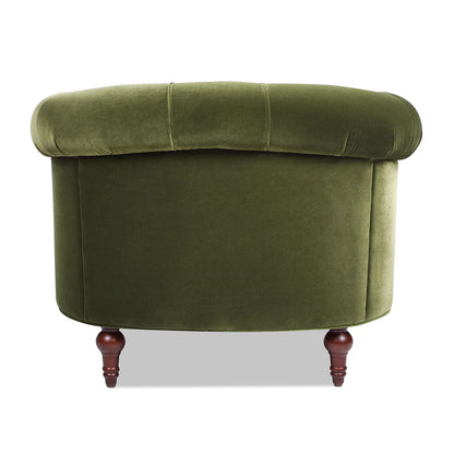 Victorian velvet accent chair in olive green with curved rolled back and dark wood legs on Tampa Home & Garden Store