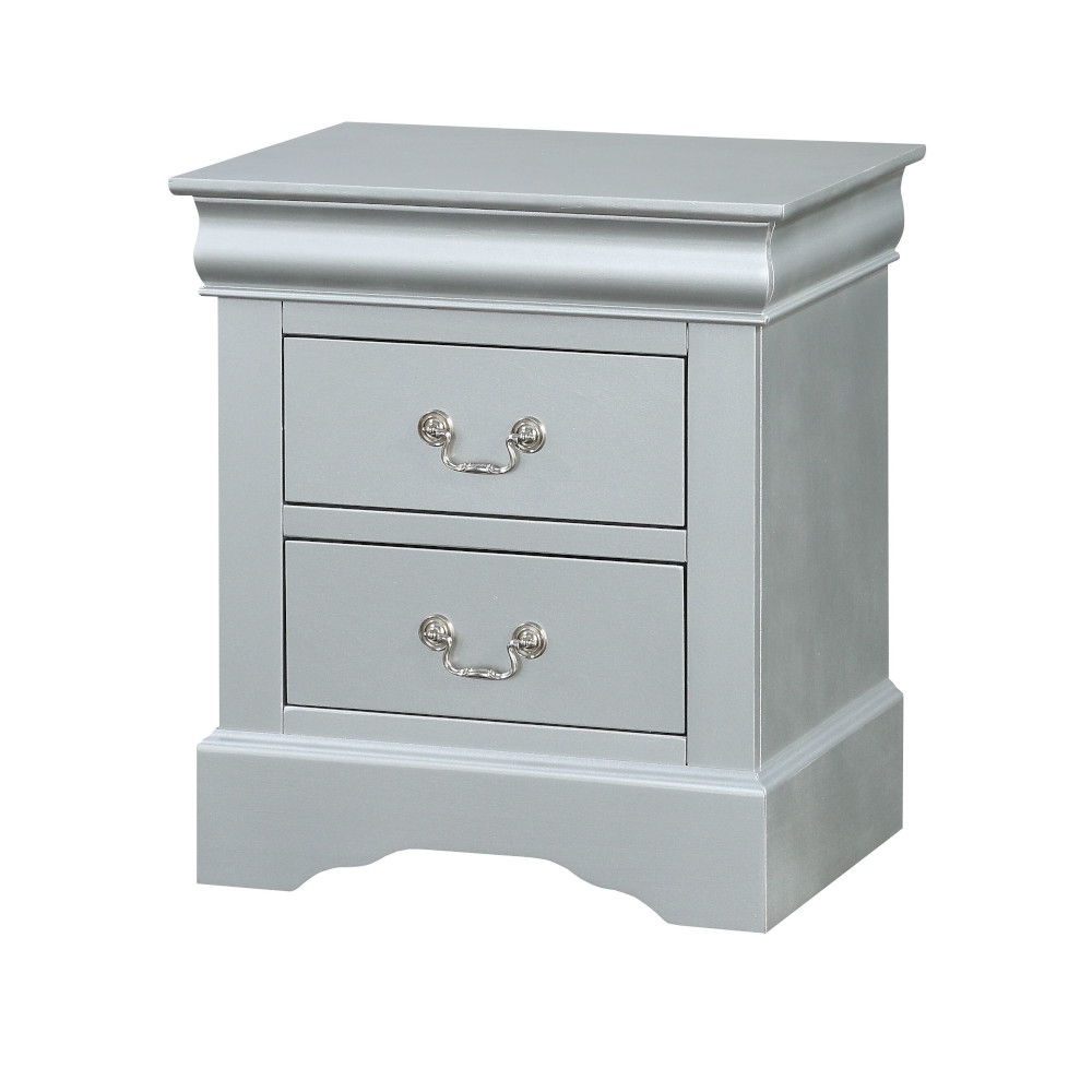 Louis Philippe Accent Nightstand, light gray finish with 2 drawers and silver handles on Tampa Home & Garden Store
