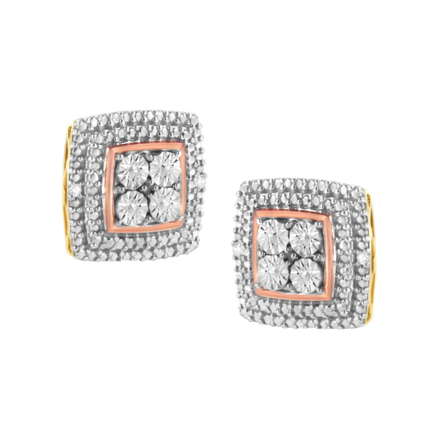 Square pavé diamond stud earrings, 10K tri-tone gold plated sterling silver, I-J clarity on Tampa Home & Garden Store
