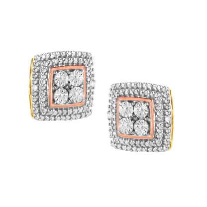 Square pavé diamond stud earrings, 10K tri-tone gold plated sterling silver, I-J clarity on Tampa Home & Garden Store