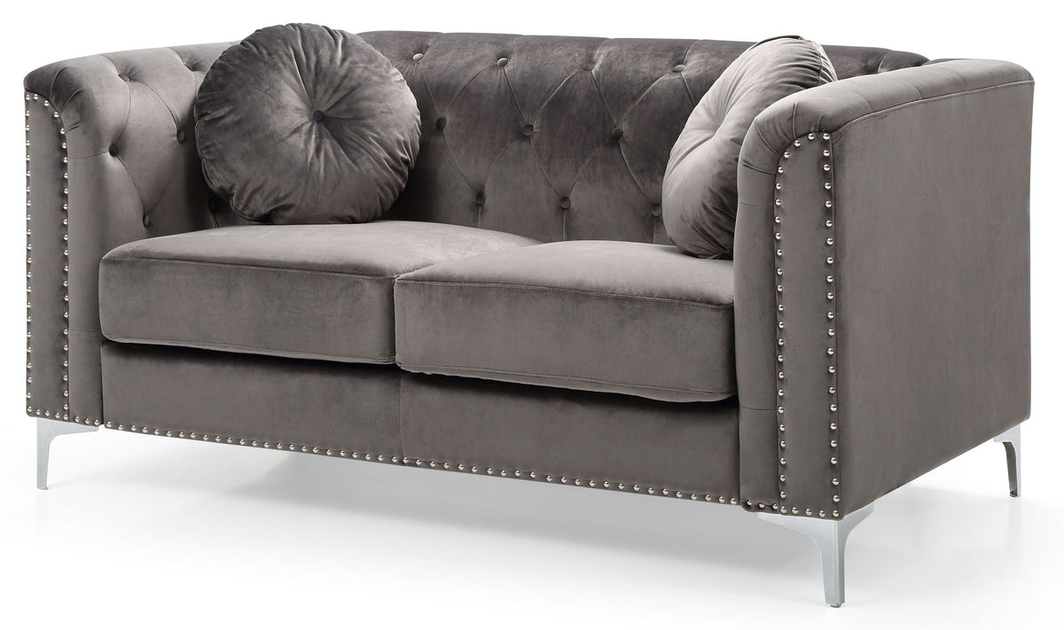 Stylish Sloped Arm Loveseat in gray MicroSuede with nailhead trim on metal legs on Tampa Home & Garden Store