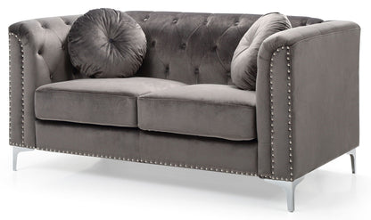 Stylish Sloped Arm Loveseat in gray MicroSuede with nailhead trim on metal legs on Tampa Home & Garden Store