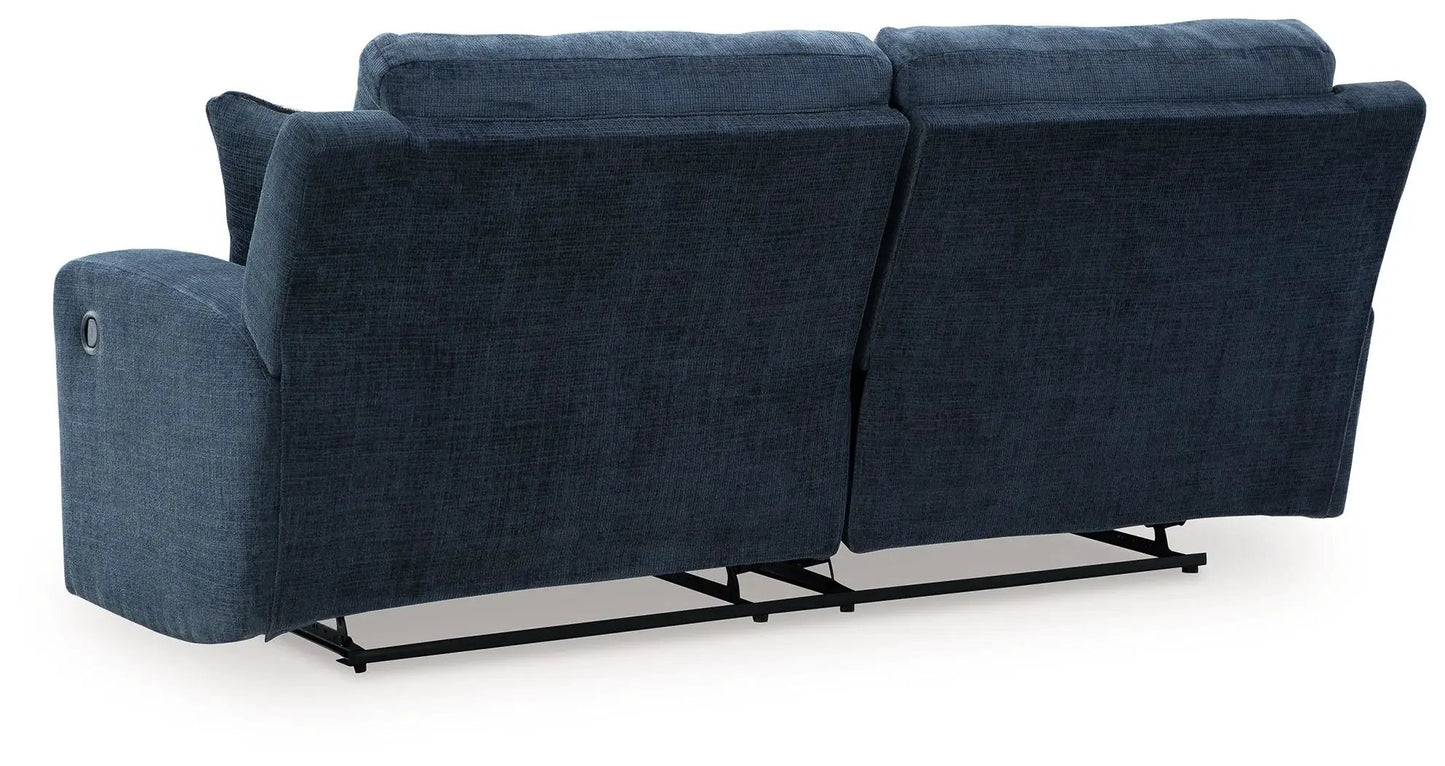 Danum 2-seat reclining sofa in blue textured fabric with dual recliners and exposed metal base on Tampa Home & Garden Store