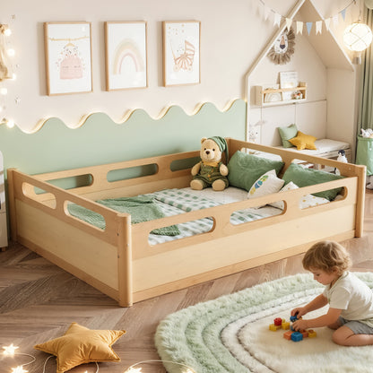 Full-size floor platform bed with full-length guardrails in natural wood for kid's room on Tampa Home & Garden Store