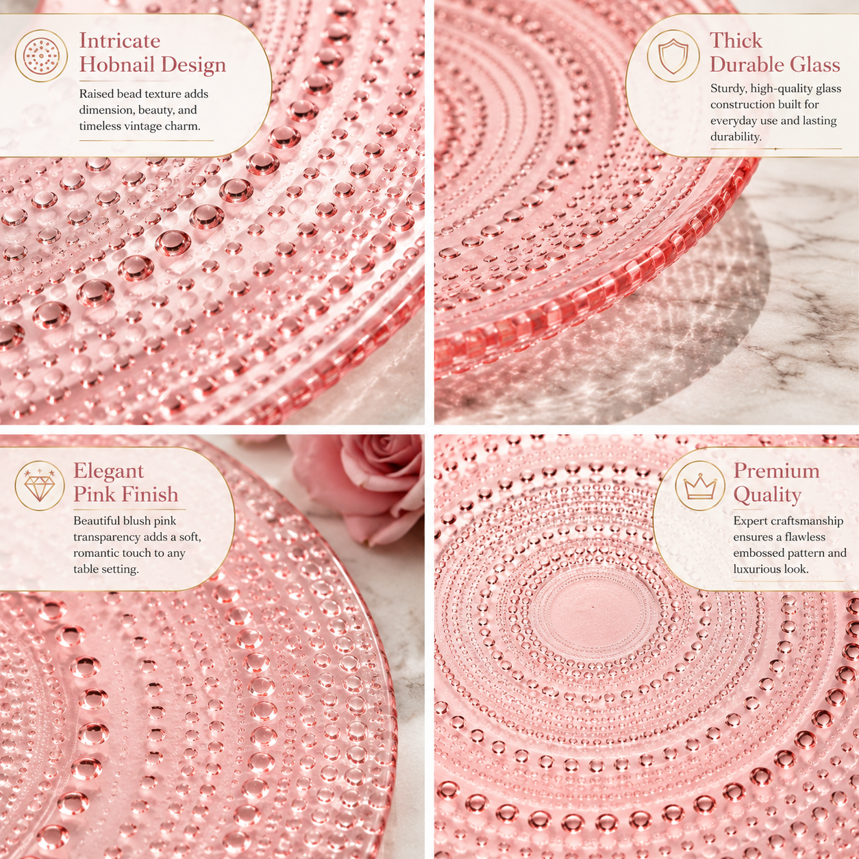Blush Pink Hobnail Glass Dinner Plates Set of 4