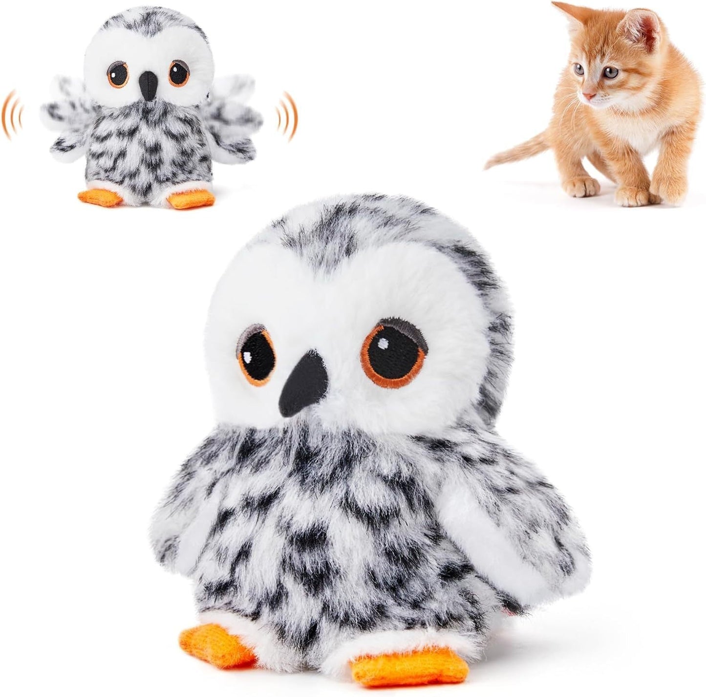 Plush owl cat toy with automatic flapping wings, gray fur and orange feet, Sell My Stuff on Tampa Home & Garden Store