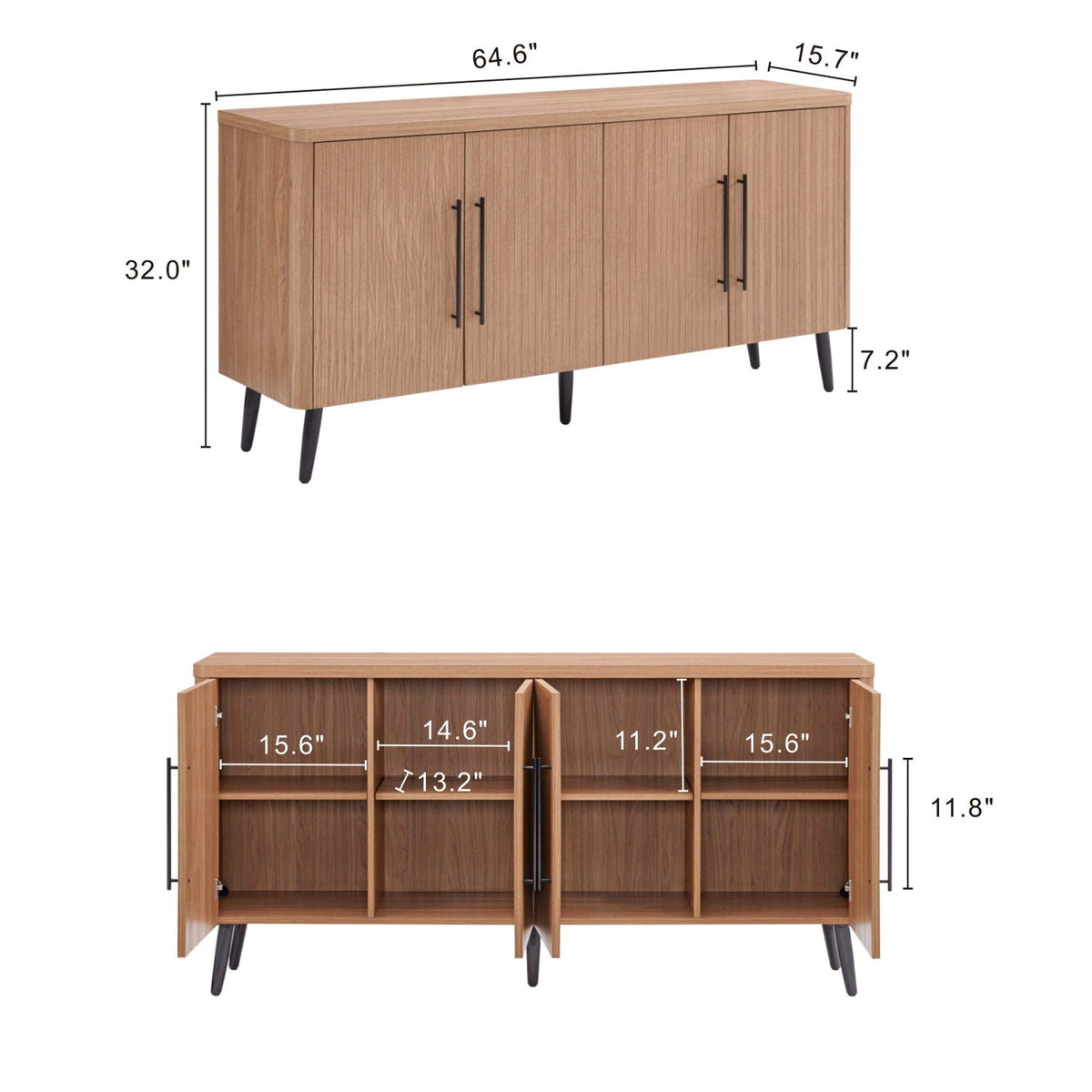 Mid-Century modern sideboard with adjustable shelves in light brown oak, four doors, black legs on Tampa Home & Garden Store