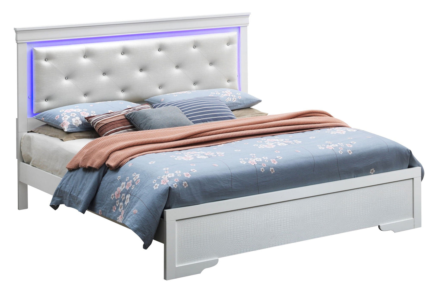 LED Elegant Bed white upholstered bed with tufted silver headboard and purple LED lighting on Tampa Home & Garden Store