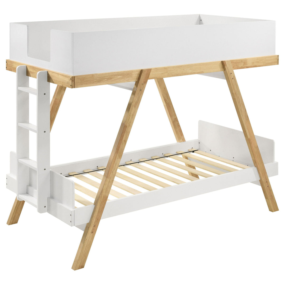 Hicks bunk bed by HouseOfZazla, white frame with natural wood ladder and slatted bottom bed on Tampa Home & Garden Store