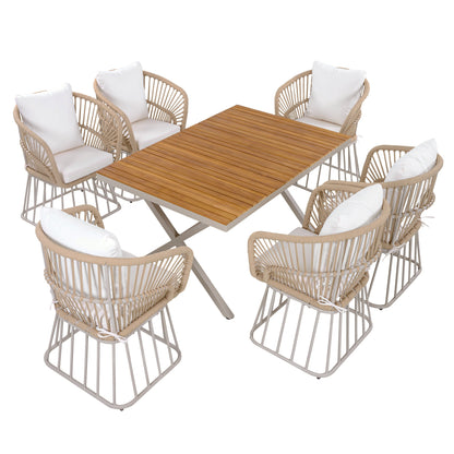 Outdoor 7-Piece Dining Set: rectangular teak table with six wicker chairs and white cushions on Tampa Home & Garden Store