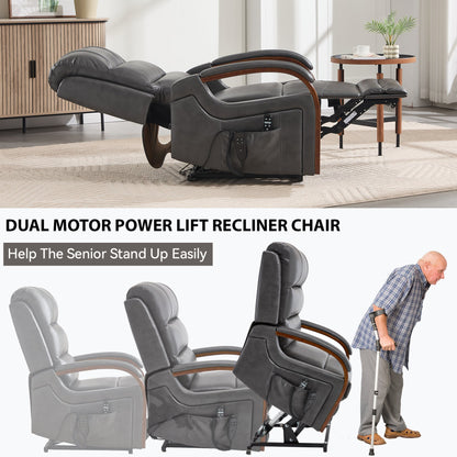 Power Dark Lift Recliner Chair by HouseOfZazla, dual-motor, wood-arm gray leather recliner on Tampa Home & Garden Store